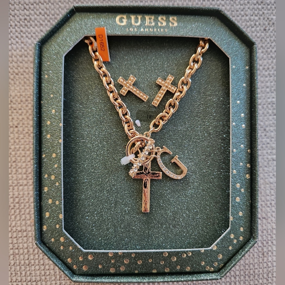 Guess Gold-Tone Necklace and Earring with Cross and Logo Charms